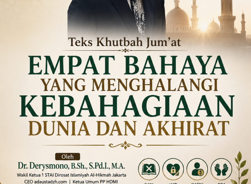 Teks Khutbah Jum’at  “EMPAT BAHAYA YANG MENGHALANGI KEBAHAGIAAN DUNIA DAN AKHIRAT”  Oleh Dr. Derysmono, B.Sh., S.Pd.I., M.A.